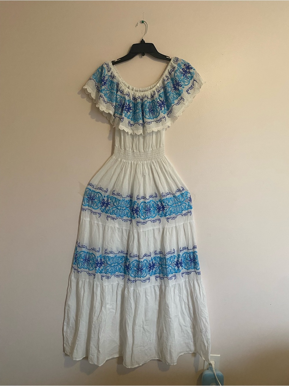 Nightcap White Maxi Dress with Blue Embroidered Trim